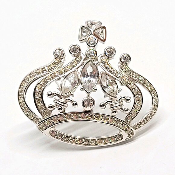 Retro Christian Dior  Silver-Tone Crown Brooch Pin, Clear Crystal Rhodium plated - Picture 1 of 8